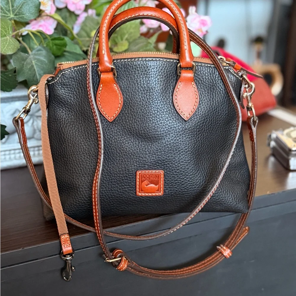 Dooney & Bourke Black Pebble Leather Satchel with Brown Trim